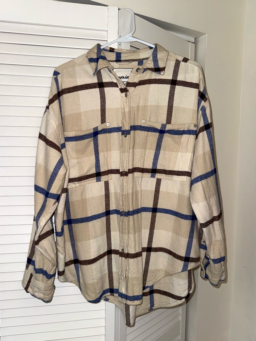 aerie Beige Plaid Button-Front Shirt with Blue & Brown Stripes